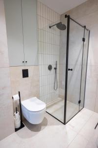 a bathroom with a shower and a toilet at Apartament D&Z in Elblag