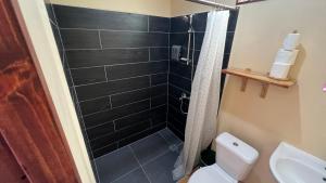 a bathroom with a shower and a toilet at Hiti Village G3 in Tikehau