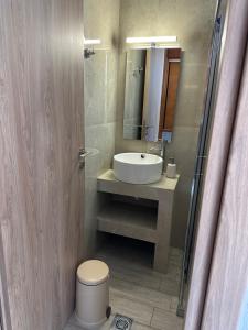 a bathroom with a sink and a toilet and a mirror at POLITIS STUDIOS in Kefalos