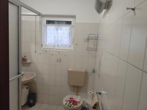 a bathroom with a toilet and a sink and a window at FEWO Stephan Grünewald in Gunzenhausen
