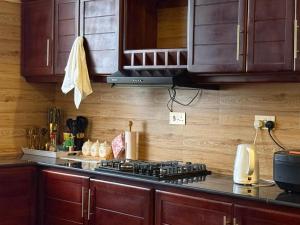 a kitchen with wooden cabinets and a stove top at Nadyapartment in Dodoma