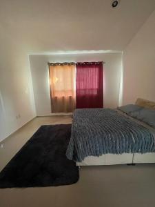 a bedroom with a bed and a red curtain at Alma Xoloitzcuintle in Hércules +3 photos