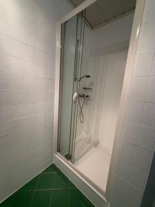 a shower with a glass door in a bathroom at Haus Ingrid in Mauerbach +24 photos