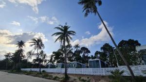 a group of palm trees in front of a white fence at Luxtalay Space Capsule in Ban Thung Makham