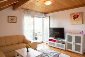 a living room with a couch and a flat screen tv at Armonia Altach, 2BR Familienapartment mit großem Balkon und Bergblick in Altach