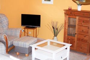 a living room with a tv and a chair and a table at Im Obsthaus 9 in Göhl