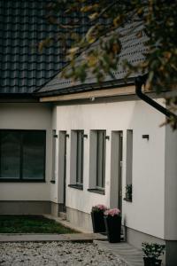 a white house with two potted plants in front of it at Hont Vendégház in Hont