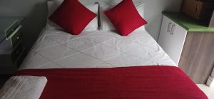 a bed with two red pillows on top of it at Blessing in East London