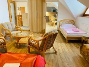 a room with a bed and a table and chairs at Dolní Náměstí in Rokytnice nad Jizerou