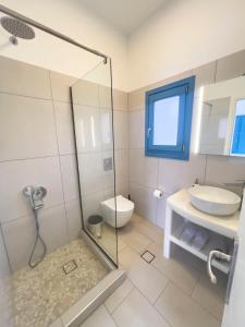 a bathroom with a shower and a toilet and a sink at Amorgona Apartments in Katapola +16 photos