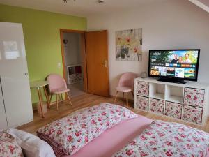 a bedroom with a bed and a flat screen tv at Ferienwohnung Erdmännchen in Erfurt