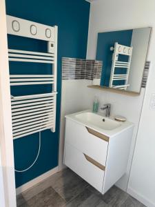 a bathroom with a sink and a mirror at Domaine des Moizons, Le Laurier in Villebernier +6 photos