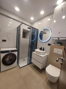 a bathroom with a shower and a toilet and a sink at Old Town House Pakoštane in Pakoštane