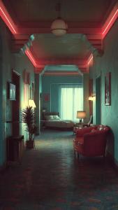 a living room with a bed and a red lighting at MOLELEKI in in Mthatha