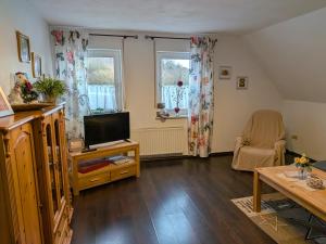 a living room with a television and a chair at Ferienwohnung Eiernest in Briedeler Heck