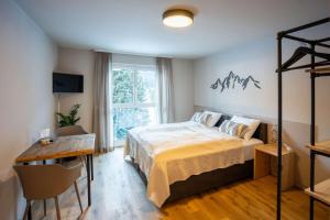 a bedroom with a bed and a desk and a window at Studio 54 Davos in Davos