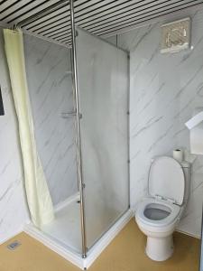 a bathroom with a shower and a toilet at Glamping met paarden in Nieuwerkerken +22 photos