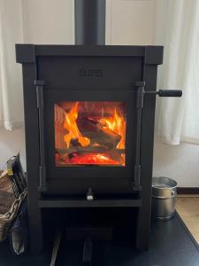 a stove with a fire inside of it at De Compaenenhorst in IJhorst
