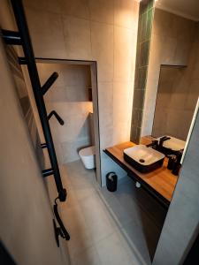 a bathroom with a sink and a mirror at Premier Rooms in Szarvas