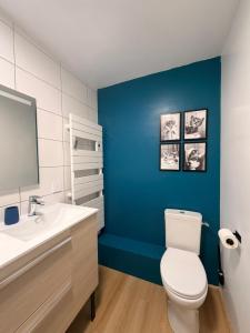 a bathroom with a white toilet and a blue wall at La Bulle d Ax in Ax-les-Thermes +24 photos