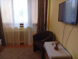 a room with a chair and a table and a window at Penzion Helena in Stará Lesná