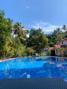 a large blue swimming pool with trees in the background at Kudaarala Heritage in Kengalla