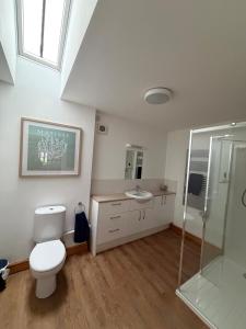 a bathroom with a toilet and a sink and a shower at Flat 2, Coneygre Farm in Hoveringham