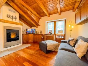 a living room with a couch and a fireplace at Belvedere Solferino panoramic view in Campolongo