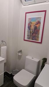 a bathroom with a toilet and a painting on the wall at Aguadulce Beach in Aguadulce +18 photos