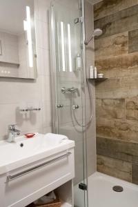 a bathroom with a shower and a white sink at Einzelzimmer 8 in Heidenheim