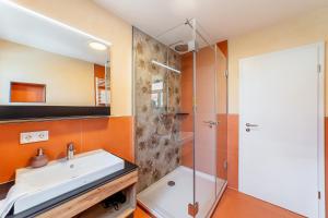 a bathroom with a sink and a shower at Apartment "Hopfenblume" in Spalt