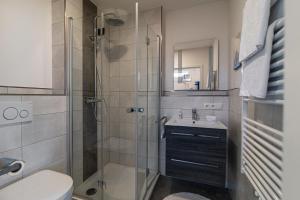 a bathroom with a shower and a toilet and a sink at Skandi Streudorf in Muhr amSee +12 photos