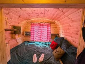 a small room with a bed in a log cabin at Weinbergsauna in Großweingarten