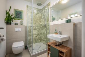 a bathroom with a shower and a toilet and a sink at Schwedenhaus Leevsteed in Neuhaus +34 photos