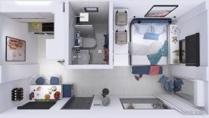 a drawing of a kitchen in a tiny house at Penthouse Seafront Luxury Studio in Epanomi +21 photos