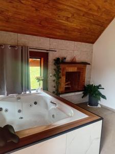 a large bath tub in a room with a fireplace at Chalé 2 com hidromassagem in Camanducaia