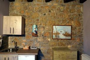 eine Küche mit einer Steinwand und einem Spülbecken in der Unterkunft Ξενώνας Αστερωδή in Synikia Mesi Trikalon
