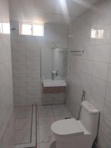 ein weißes Badezimmer mit Toilette und Waschbecken in der Unterkunft Atlas Hotel in Arusha + 14 Fotos