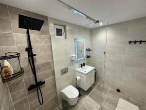 a bathroom with a toilet and a glass shower at Central House - Modern Apartment in Zărneşti +6 photos