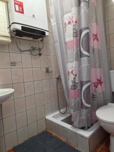 a bathroom with a toilet and a shower curtain at Villa Bianca in Baška +21 photos