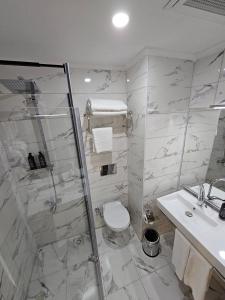 a bathroom with a shower and a toilet and a sink at Akgül Otel in Malatya +20 photos