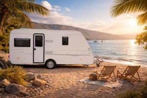 a white caravan parked on a beach with two chairs at רויאל וואן in Tiberias