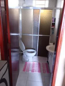 a bathroom with a toilet and a sink at Nossa Senhora Aparecida Apartment in Cachoeira Paulista
