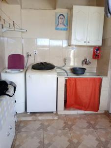 a small kitchen with a sink and a refrigerator at Nossa Senhora Aparecida Apartment in Cachoeira Paulista