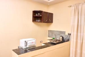 a kitchen with a counter top with a microwave at Oasis Guesthouse Juba in Juba