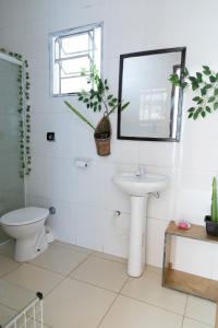 a bathroom with a sink and a toilet and a mirror at Oca Delfim in Delfim Moreira +15 photos