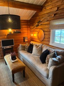 a living room with a couch in a room with wooden walls at Chalet Skogshorn in Markegardlian