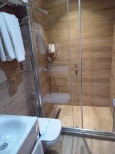 a bathroom with a shower with a toilet and a sink at Sultanahmet Newport Hotel in Istanbul