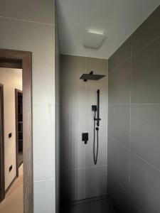 a shower with a shower head in a bathroom at BODU Vendégház in Balatonberény
