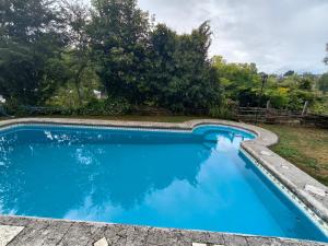 a swimming pool with blue water in a yard at Casa de la bahia de Chiloé in Castro
